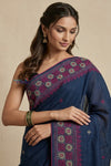 Bengal Gatha ~ Handloom Tussar Silk Saree with Floral Hand Embroidery in Peacock Blue - verymuchindian.com