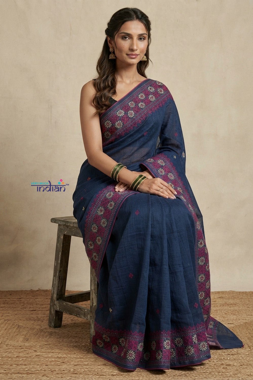 Bengal Gatha ~ Handloom Tussar Silk Saree with Floral Hand Embroidery in Peacock Blue - verymuchindian.com