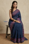 Bengal Gatha ~ Handloom Tussar Silk Saree with Floral Hand Embroidery in Peacock Blue - verymuchindian.com
