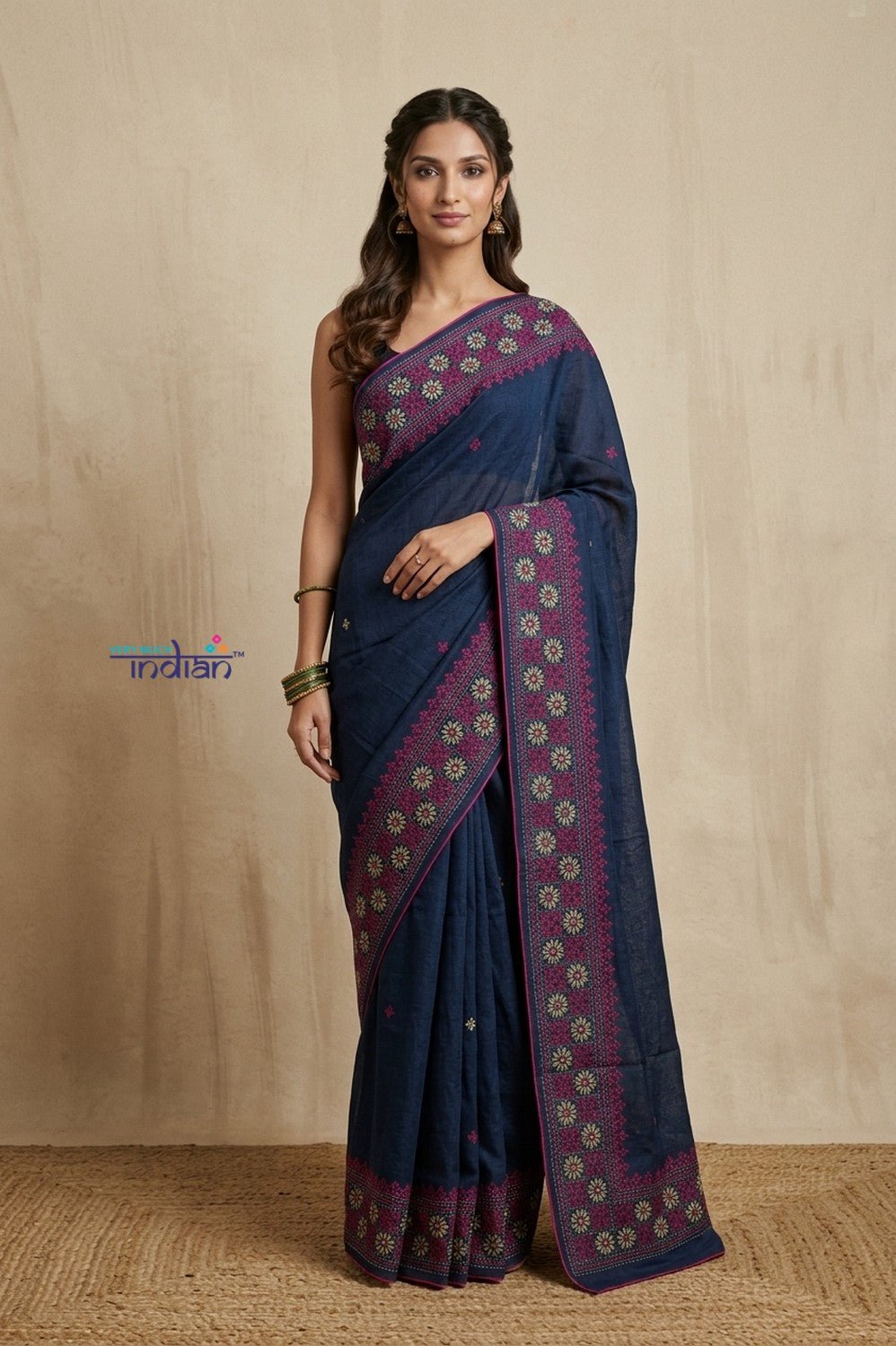 Bengal Gatha ~ Handloom Tussar Silk Saree with Floral Hand Embroidery in Peacock Blue - verymuchindian.com