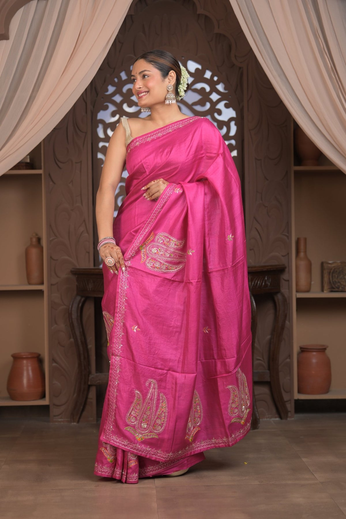Bengal Gatha ~ Handloom Tussar Silk Saree with Floral Hand Embroidery in Pink - verymuchindian.com