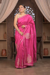 Bengal Gatha ~ Handloom Tussar Silk Saree with Floral Hand Embroidery in Pink - verymuchindian.com