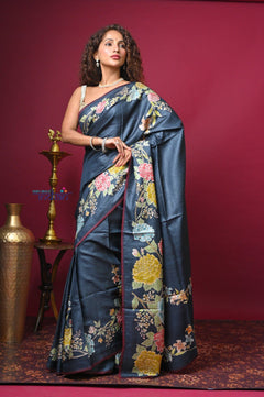 Bengal Gatha ~ Handloom Tussar Silk Saree with Floral Handpainted Art in Dark Blue - verymuchindian.com