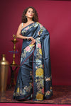 Bengal Gatha ~ Handloom Tussar Silk Saree with Floral Handpainted Art in Dark Blue - verymuchindian.com
