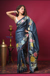 Bengal Gatha ~ Handloom Tussar Silk Saree with Floral Handpainted Art in Dark Blue - verymuchindian.com
