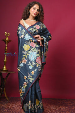 Bengal Gatha ~ Handloom Tussar Silk Saree with Floral Handpainted Art in Dark Blue - verymuchindian.com