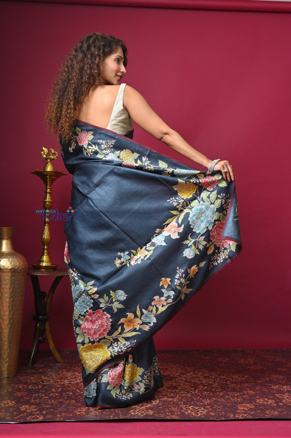 Bengal Gatha ~ Handloom Tussar Silk Saree with Floral Handpainted Art in Dark Blue - verymuchindian.com