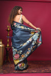 Bengal Gatha ~ Handloom Tussar Silk Saree with Floral Handpainted Art in Dark Blue - verymuchindian.com