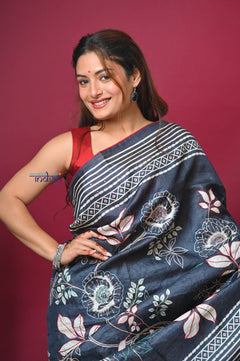 Bengal Gatha ~ Handloom Tussar Silk Saree with Hand Embroidery All Over in Dark Ble - verymuchindian.com
