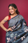 Bengal Gatha ~ Handloom Tussar Silk Saree with Hand Embroidery All Over in Dark Ble - verymuchindian.com