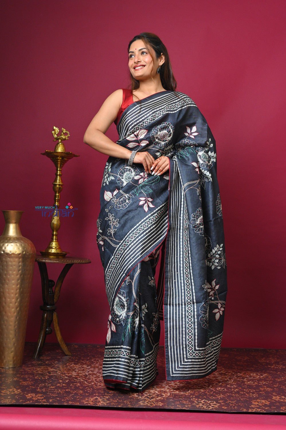Bengal Gatha ~ Handloom Tussar Silk Saree with Hand Embroidery All Over in Dark Ble - verymuchindian.com