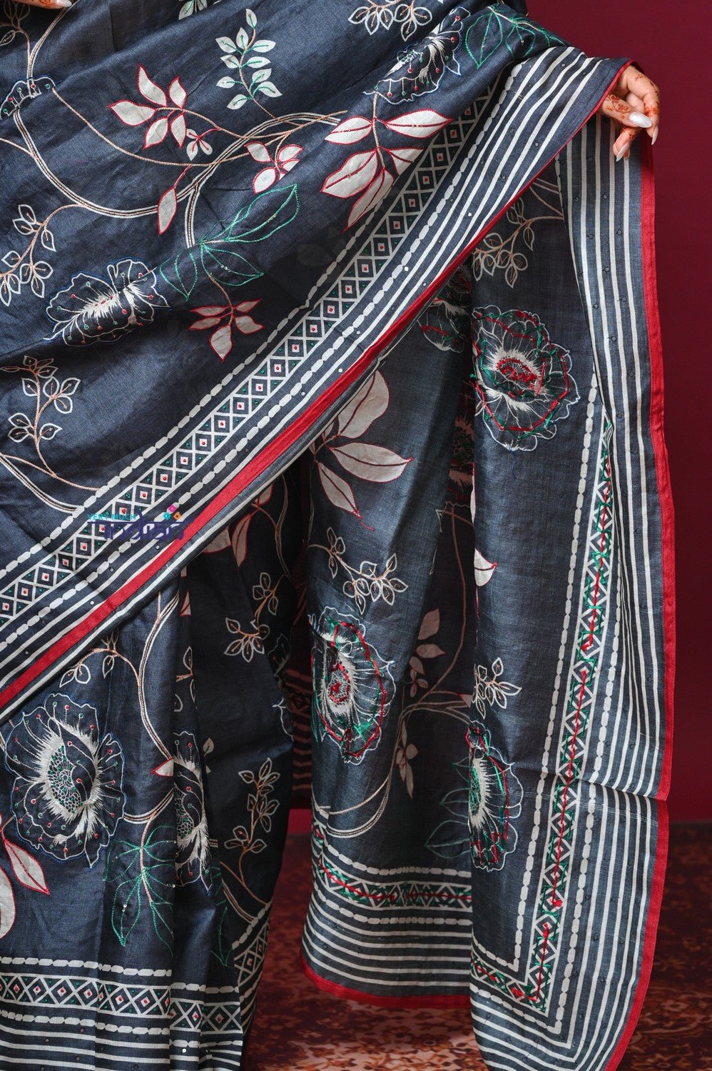 Bengal Gatha ~ Handloom Tussar Silk Saree with Hand Embroidery All Over in Dark Ble - verymuchindian.com