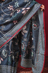 Bengal Gatha ~ Handloom Tussar Silk Saree with Hand Embroidery All Over in Dark Ble - verymuchindian.com