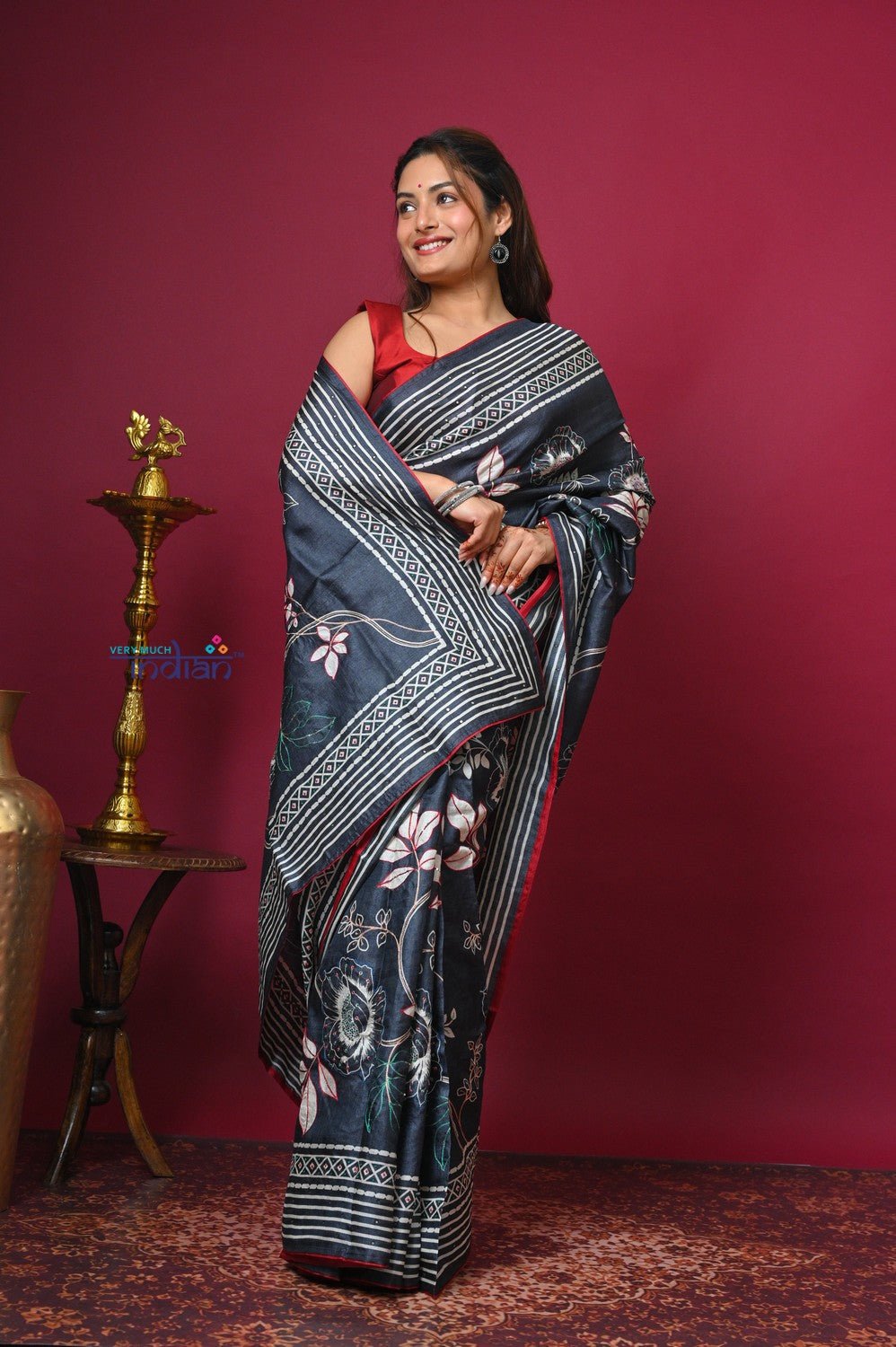 Bengal Gatha ~ Handloom Tussar Silk Saree with Hand Embroidery All Over in Dark Ble - verymuchindian.com
