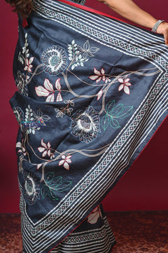 Bengal Gatha ~ Handloom Tussar Silk Saree with Hand Embroidery All Over in Dark Ble - verymuchindian.com