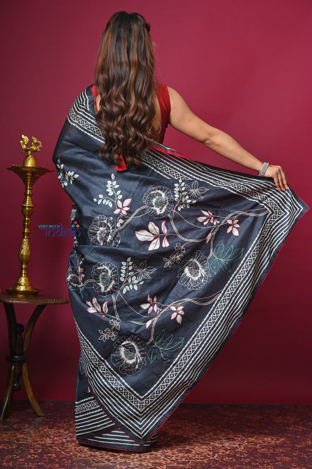 Bengal Gatha ~ Handloom Tussar Silk Saree with Hand Embroidery All Over in Dark Ble - verymuchindian.com