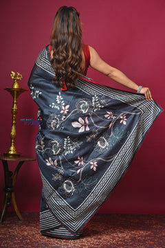 Bengal Gatha ~ Handloom Tussar Silk Saree with Hand Embroidery All Over in Dark Ble - verymuchindian.com