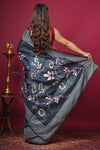 Bengal Gatha ~ Handloom Tussar Silk Saree with Hand Embroidery All Over in Dark Ble - verymuchindian.com