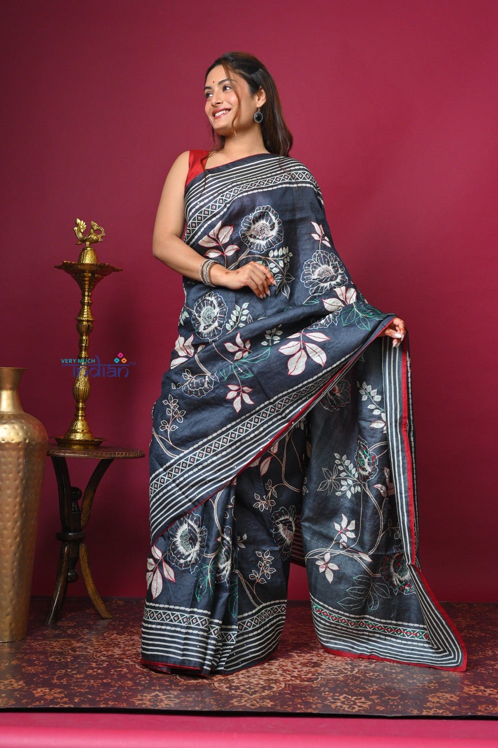 Bengal Gatha ~ Handloom Tussar Silk Saree with Hand Embroidery All Over in Dark Ble - verymuchindian.com