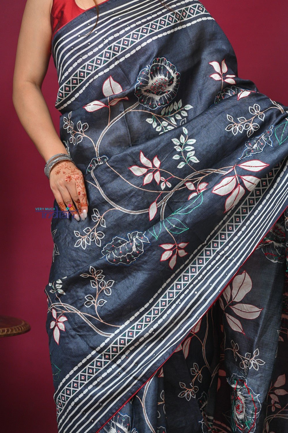 Bengal Gatha ~ Handloom Tussar Silk Saree with Hand Embroidery All Over in Dark Ble - verymuchindian.com