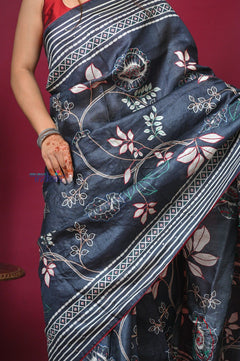 Bengal Gatha ~ Handloom Tussar Silk Saree with Hand Embroidery All Over in Dark Ble - verymuchindian.com