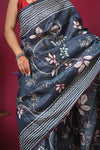 Bengal Gatha ~ Handloom Tussar Silk Saree with Hand Embroidery All Over in Dark Ble - verymuchindian.com