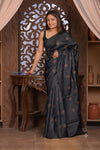 Bengal Gatha ~ Handloom Tussar Silk Saree with Hand Embroidery in Black - verymuchindian.com