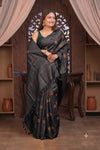 Bengal Gatha ~ Handloom Tussar Silk Saree with Hand Embroidery in Black - verymuchindian.com
