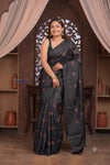 Bengal Gatha ~ Handloom Tussar Silk Saree with Hand Embroidery in Black - verymuchindian.com