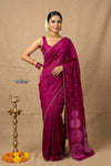 Bengal Gatha ~ Handloom Tussar Silk Saree with Hand Embroidery in Magenta Pink - verymuchindian.com