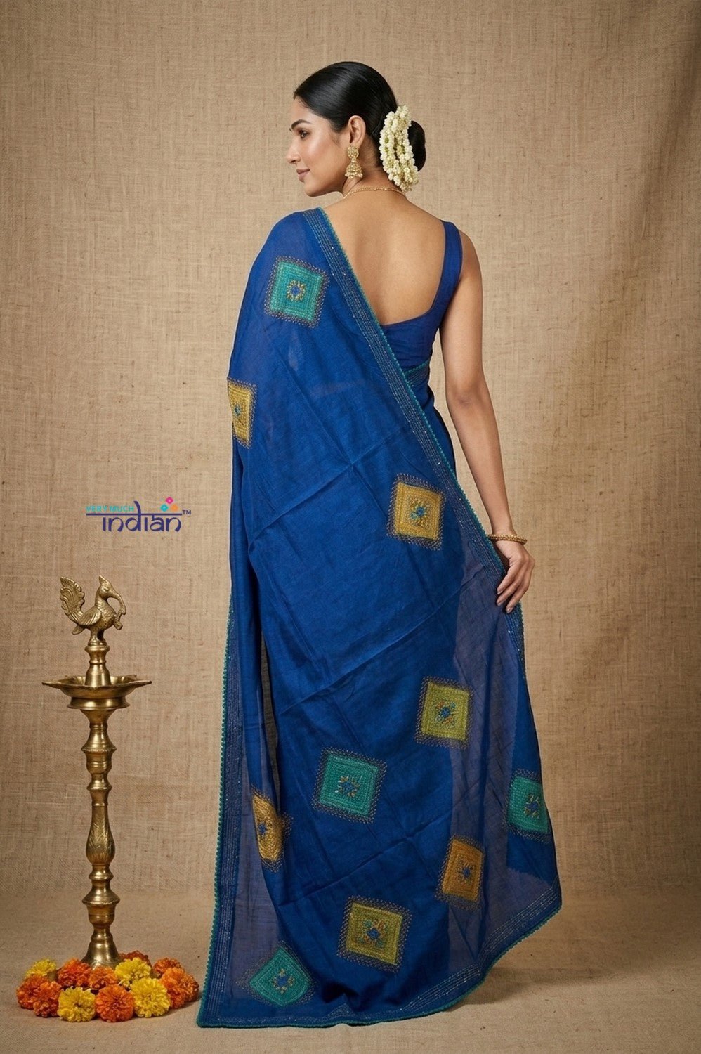 Bengal Gatha ~ Handloom Tussar Silk Saree with Hand Embroidery in Marine Blue - verymuchindian.com