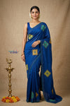 Bengal Gatha ~ Handloom Tussar Silk Saree with Hand Embroidery in Marine Blue - verymuchindian.com