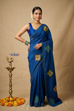 Bengal Gatha ~ Handloom Tussar Silk Saree with Hand Embroidery in Marine Blue - verymuchindian.com