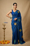 Bengal Gatha ~ Handloom Tussar Silk Saree with Hand Embroidery in Marine Blue - verymuchindian.com