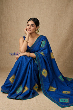 Bengal Gatha ~ Handloom Tussar Silk Saree with Hand Embroidery in Marine Blue - verymuchindian.com