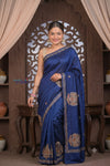 Bengal Gatha ~ Handloom Tussar Silk Saree with Hand Embroidery in Salient Blue - verymuchindian.com
