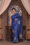 Bengal Gatha ~ Handloom Tussar Silk Saree with Hand Embroidery in Salient Blue - verymuchindian.com