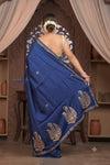 Bengal Gatha ~ Handloom Tussar Silk Saree with Hand Embroidery in Salient Blue - verymuchindian.com