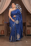 Bengal Gatha ~ Handloom Tussar Silk Saree with Hand Embroidery in Salient Blue - verymuchindian.com