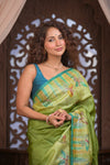 Bengal Gatha ~ Handloom Tussar Silk Saree with Handpainted and Handwoven Butterfly Pallu in Grass Green - verymuchindian.com