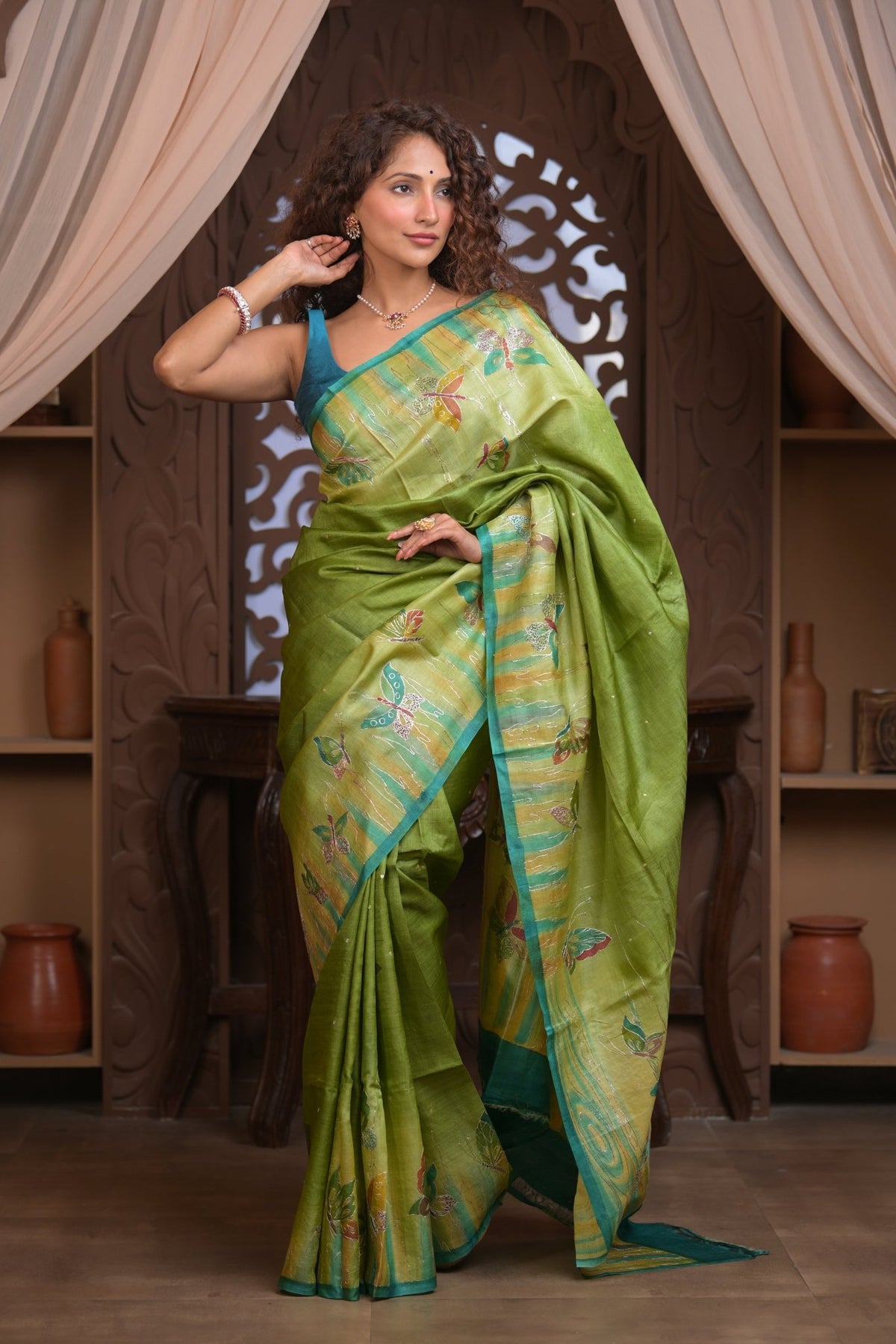Bengal Gatha ~ Handloom Tussar Silk Saree with Handpainted and Handwoven Butterfly Pallu in Grass Green - verymuchindian.com