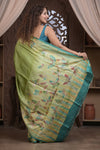 Bengal Gatha ~ Handloom Tussar Silk Saree with Handpainted and Handwoven Butterfly Pallu in Grass Green - verymuchindian.com