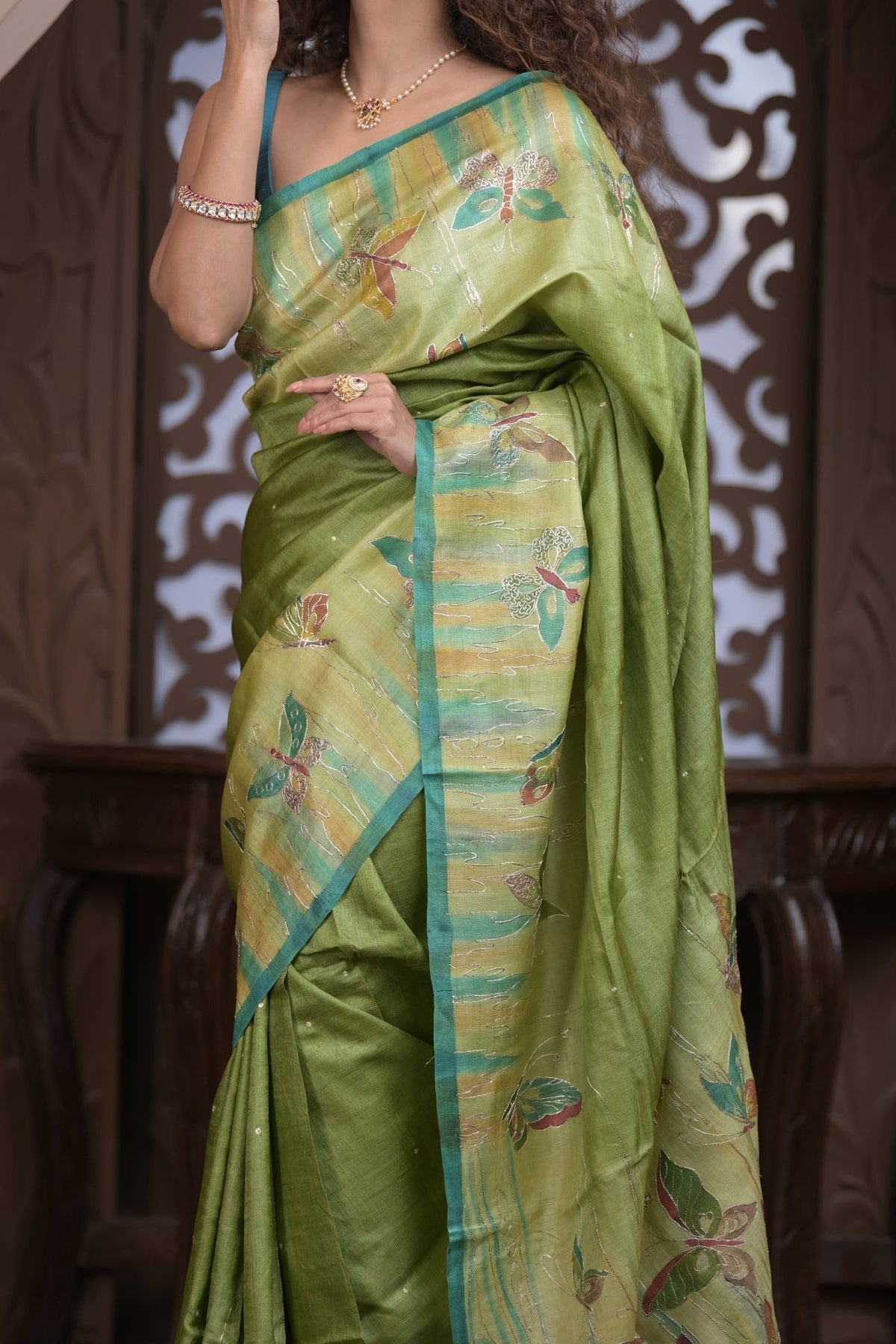 Bengal Gatha ~ Handloom Tussar Silk Saree with Handpainted and Handwoven Butterfly Pallu in Grass Green - verymuchindian.com