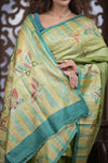Bengal Gatha ~ Handloom Tussar Silk Saree with Handpainted and Handwoven Butterfly Pallu in Grass Green - verymuchindian.com