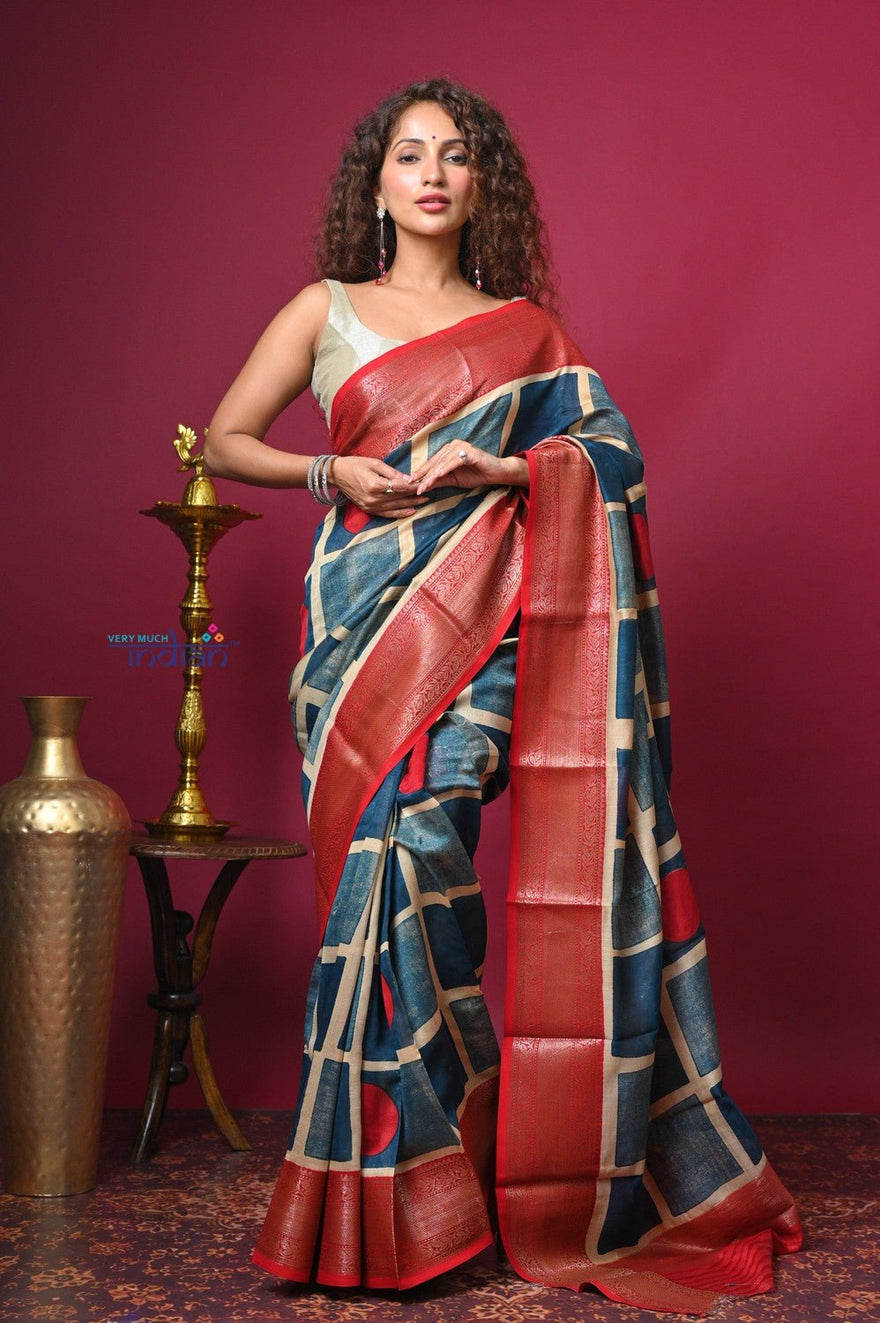 Bengal Gatha ~ Handloom Tussar Silk Saree with Handpainted Art in Blue and Red - verymuchindian.com