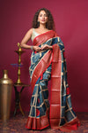 Bengal Gatha ~ Handloom Tussar Silk Saree with Handpainted Art in Blue and Red - verymuchindian.com