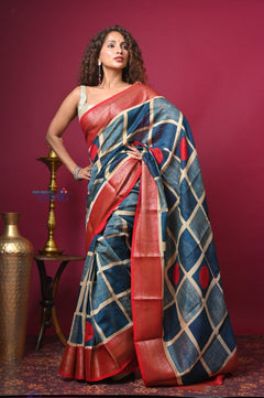 Bengal Gatha ~ Handloom Tussar Silk Saree with Handpainted Art in Blue and Red - verymuchindian.com