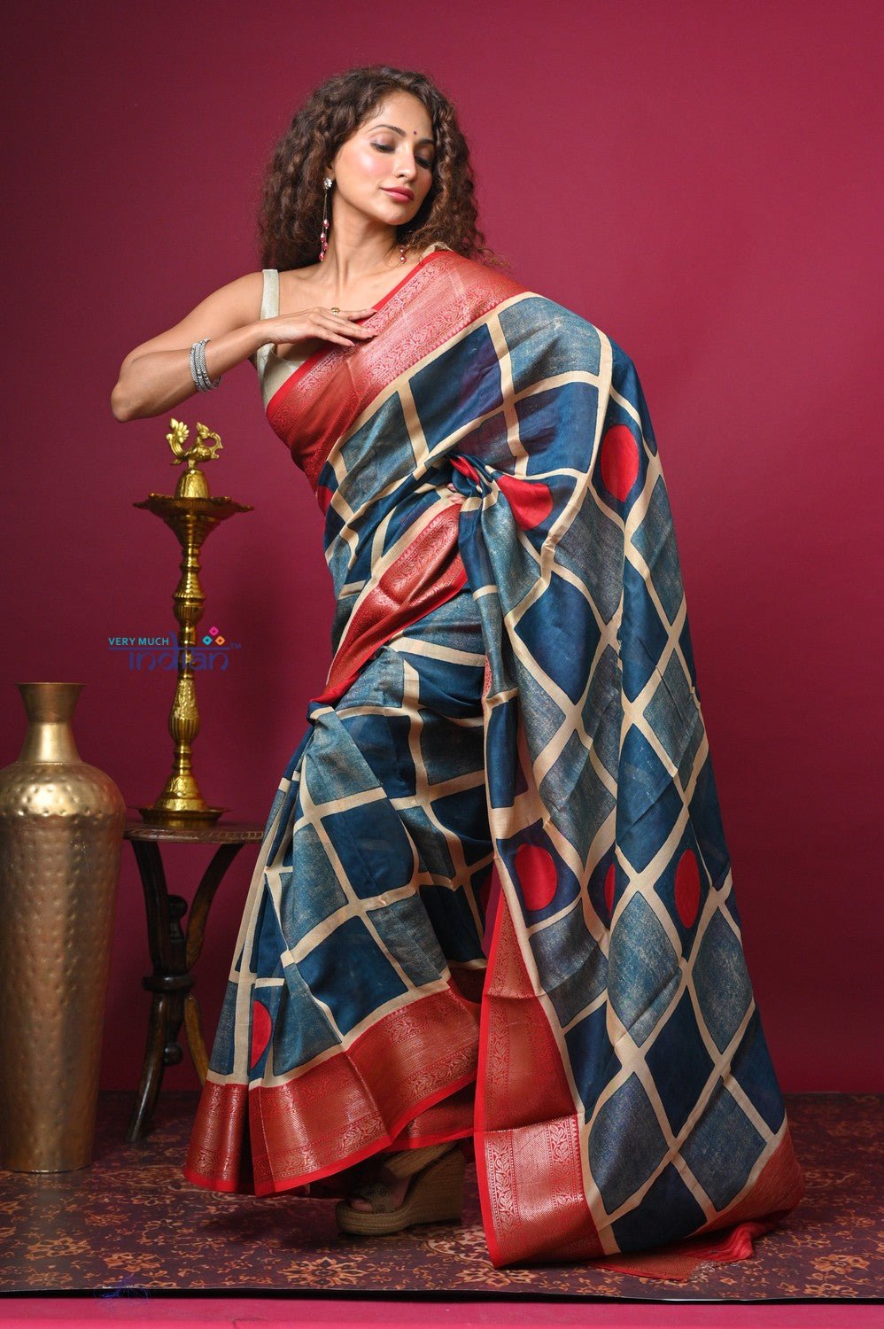 Bengal Gatha ~ Handloom Tussar Silk Saree with Handpainted Art in Blue and Red - verymuchindian.com