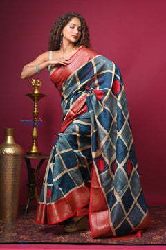 Bengal Gatha ~ Handloom Tussar Silk Saree with Handpainted Art in Blue and Red - verymuchindian.com