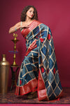 Bengal Gatha ~ Handloom Tussar Silk Saree with Handpainted Art in Blue and Red - verymuchindian.com